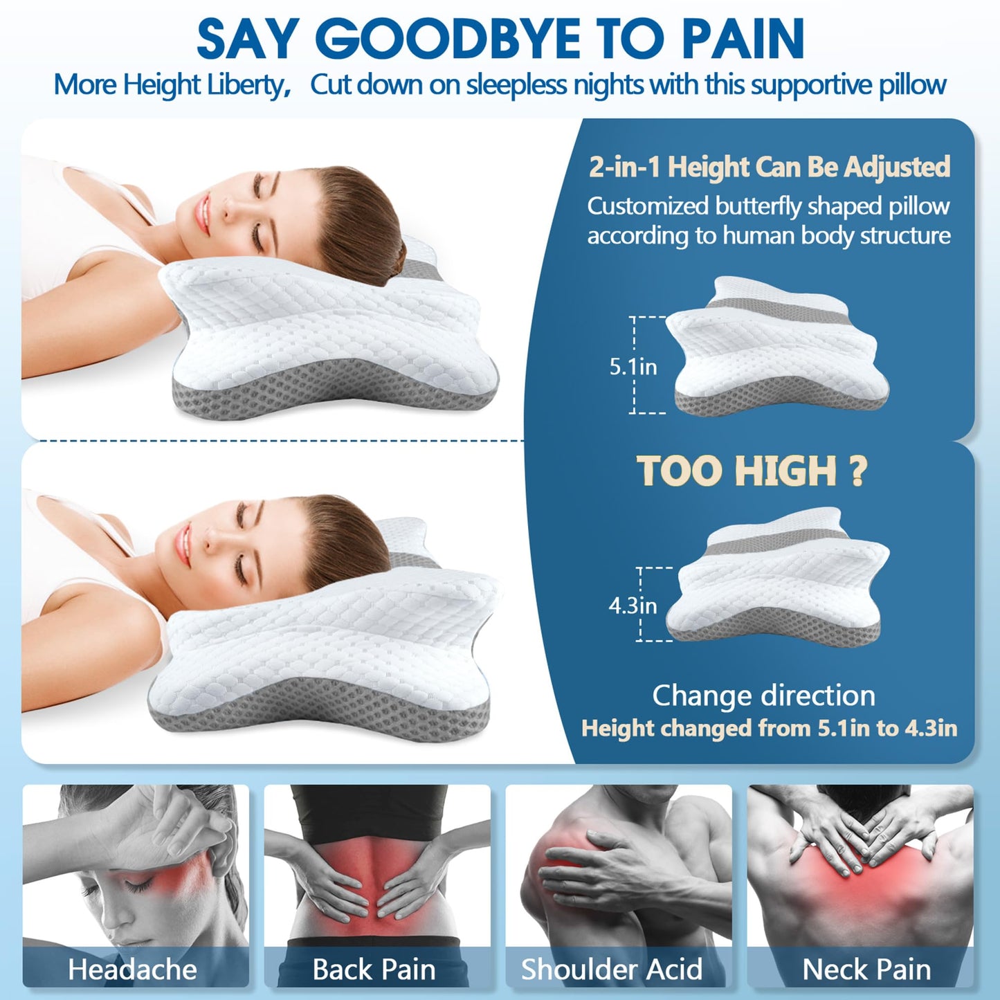 CHxxy Memory Foam Pillows, Cervical Pillow for Neck and Shoulder Pain Relief, Ergonomic Contour Bed Pillow, Soft for Side Sleep Stomach Sleeping and Back Sleeper-Queen Size&Grey