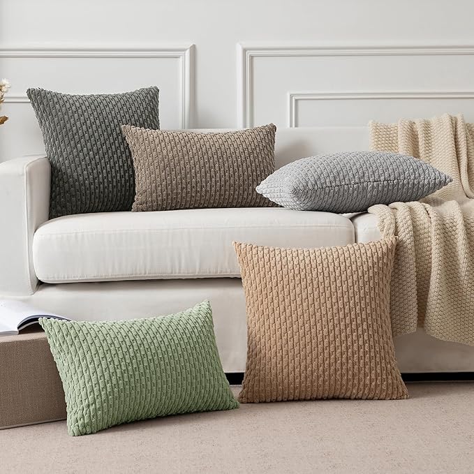 Kevin Textile 2 Packs Spring Decorative Throw Pillow Covers 18x18 Inch for Living Room Couch Bed Spring Sofa Soft Striped Corduroy Square Cushion Case 45x45 cm Farmhouse Boho Home Decor Sage Green