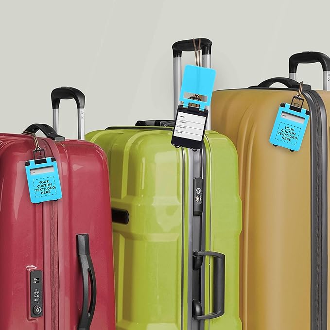 100 Mini Carry-on Luggage Tags Pack - Customizable Text, Logo - Flip Open Cover, ID Sticker - Light Blue