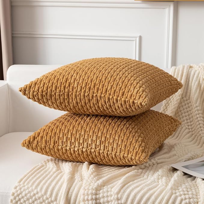 Kevin Textile Throw Pillow Covers Soft Corduroy Decorative Set of 2 Boho Striped Pillow Covers Pillowcases Farmhouse Home Decor for Couch Bed Sofa Living Room 16x16 Inch Gold