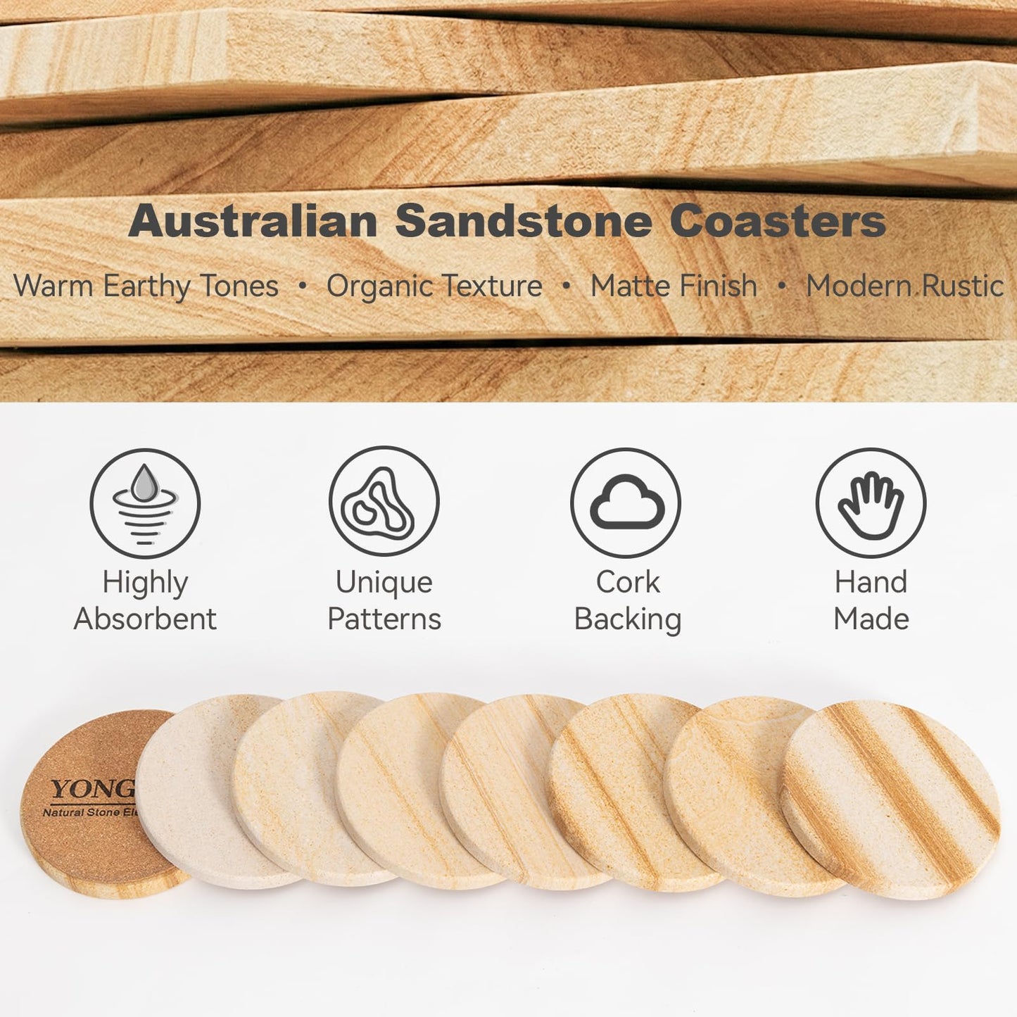Natural Sandstone Coasters Set of 4, 4" Round Matte Absorbent Stone Coasters with Cork Bottom - No Water Rings, Heat Resistant, Non-Slip, Scratch-Resistant - Ideal for Coffee Table, Gift Ready
