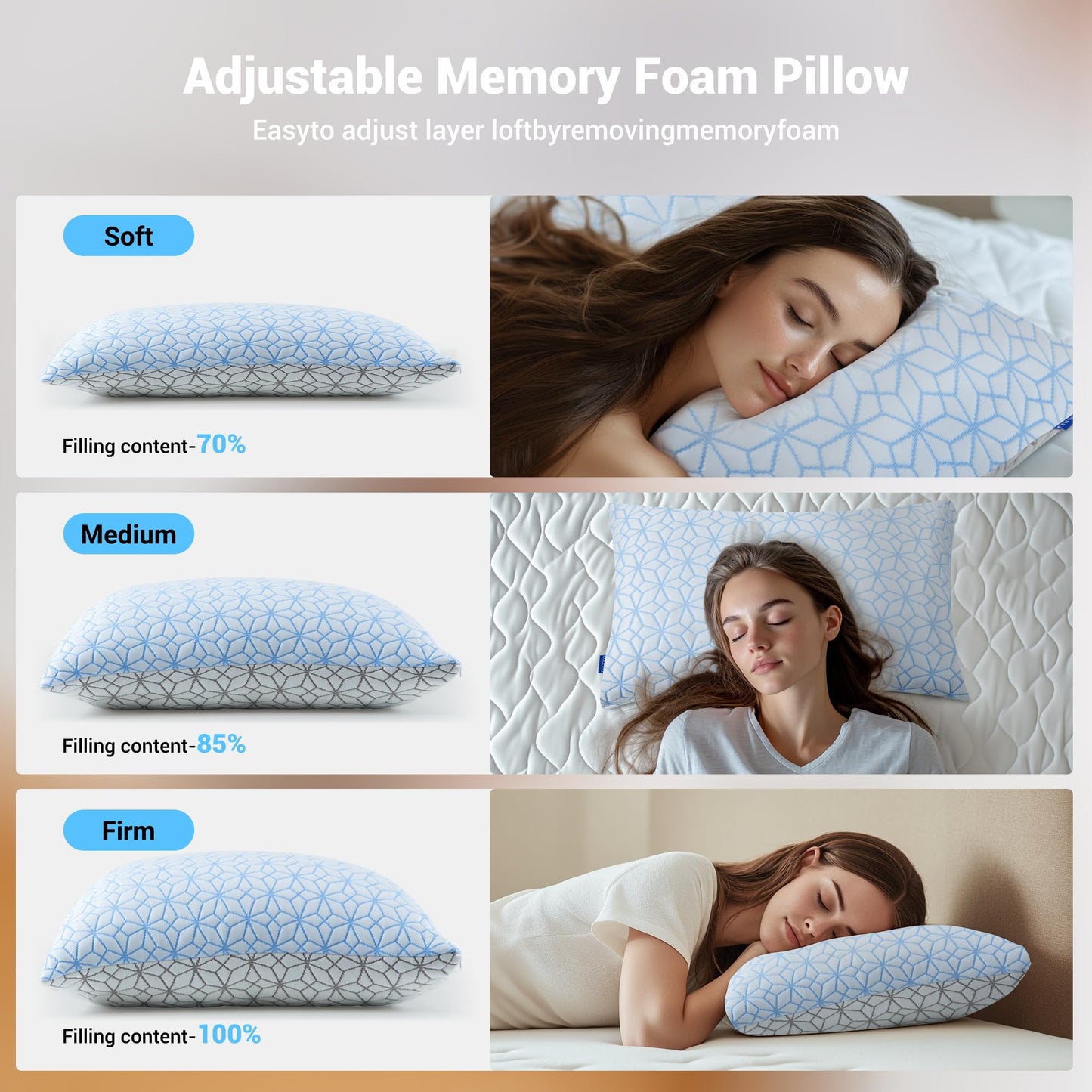 Bed Pillows Queen Size Set of 2,Cooling Pillow Memory Foam Pilows 2 Pack, Adjustable Foam Sleeping Pillows with Washble Pillowcase for Side Back Stomach Sleepers