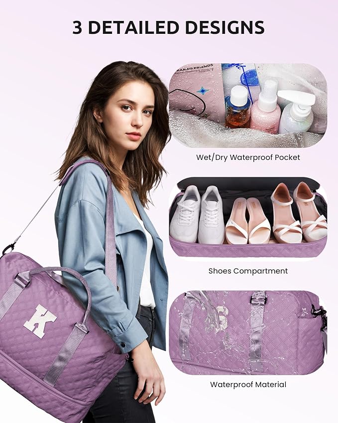 Vogewood Gift for Women-Initial Teenage Girl Duffle Bag with Shoe Compartment, Personalized Weekender Bag, Monogram Overnight Bag for Kids, Letter Travel Bag with Makeup Bag, Gift for Women (Letter A)