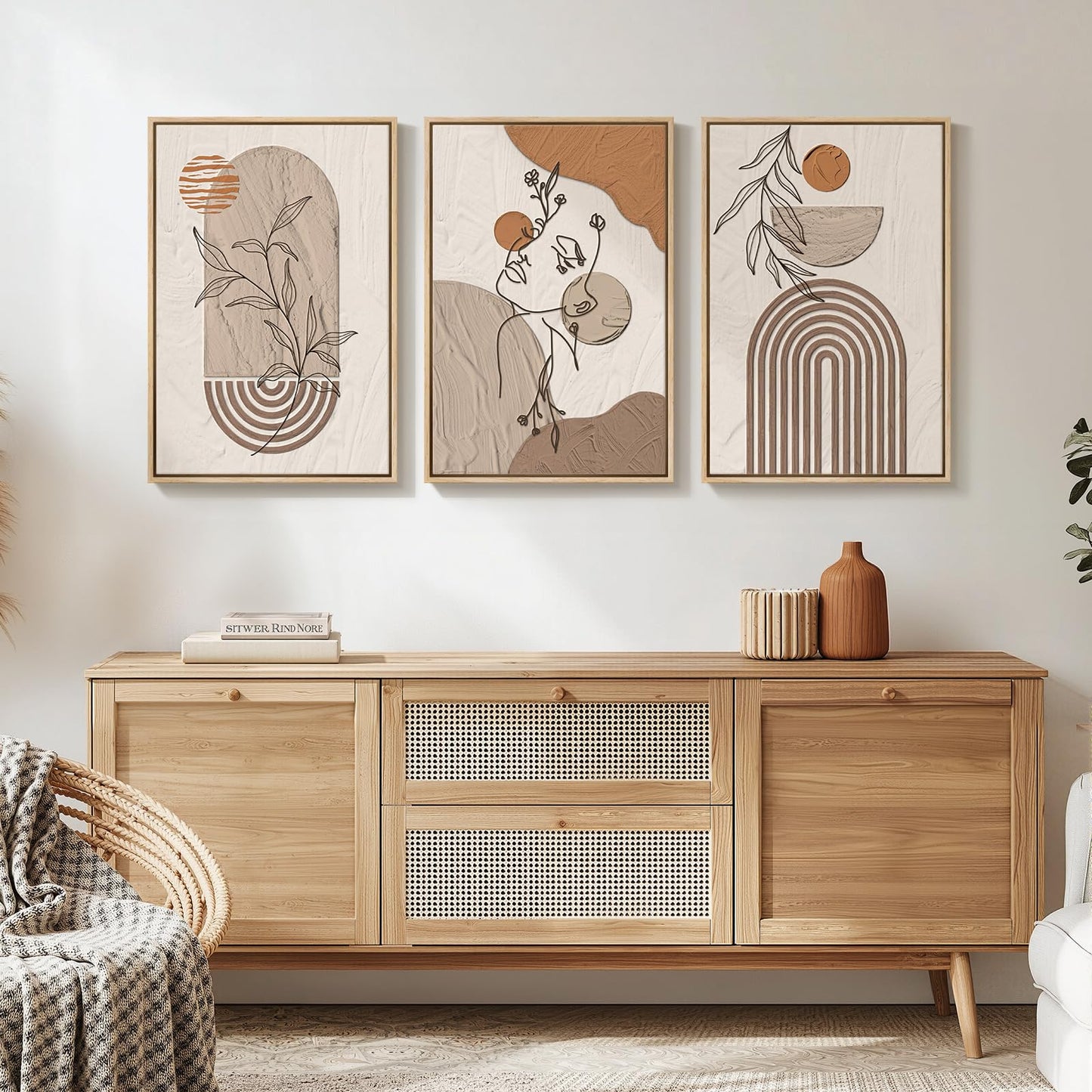 Framed Earth Tone Boho Abstract Wall Art Bedroom, 3 Piece Neutral Modern Bohemian Paintings Prints Canvas Artwork for Walls, Boho Triptych Pictures for Living Room Home Office Wall Decor, 16x24 Inch