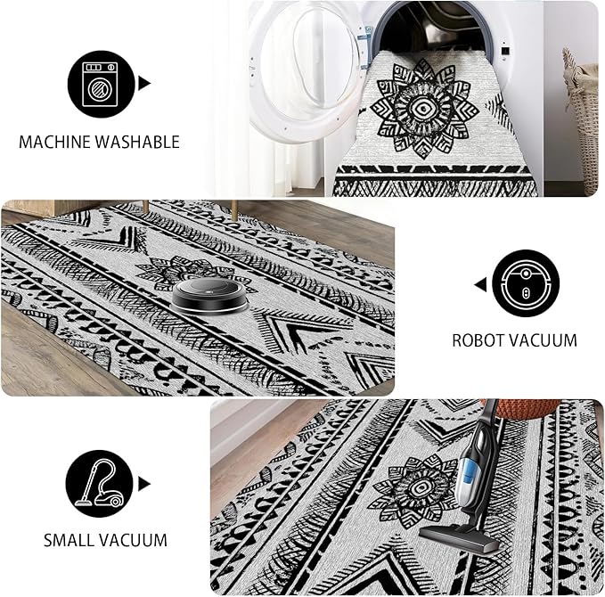 Area Rugs Moroccan for Living Room 7x9, Washable Non-Slip Boho Rug, Neutral Farmhouse Soft Carpet for Bedroom, Kitchen, Dining Room, Entryway, Geometric Print Tribal Carpets, Black and White
