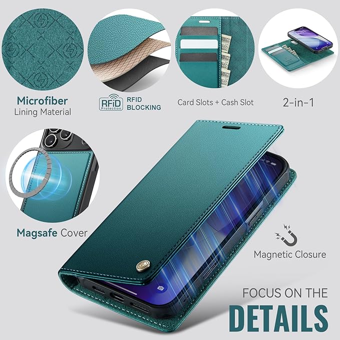 PlusnapX Wallet Case for iPhone 17 Pro Compatible with Magsafe, 2-in-1 PU Leather Flip RFID Blocking Card Holder Stand Shockproof Magnetic Detachable Cover for iPhone 17 Pro Case 6.3", Bluegreen