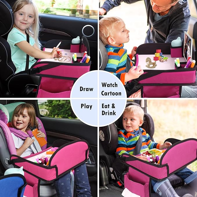 WENRENER Kids Travel Tray for Airplane - Toddler Car Seat Table Tray, Road Trip Essentials for Boys & Girls, Carseat Lap Desk for Kids Road Trip Activities (Pink-2PCS)