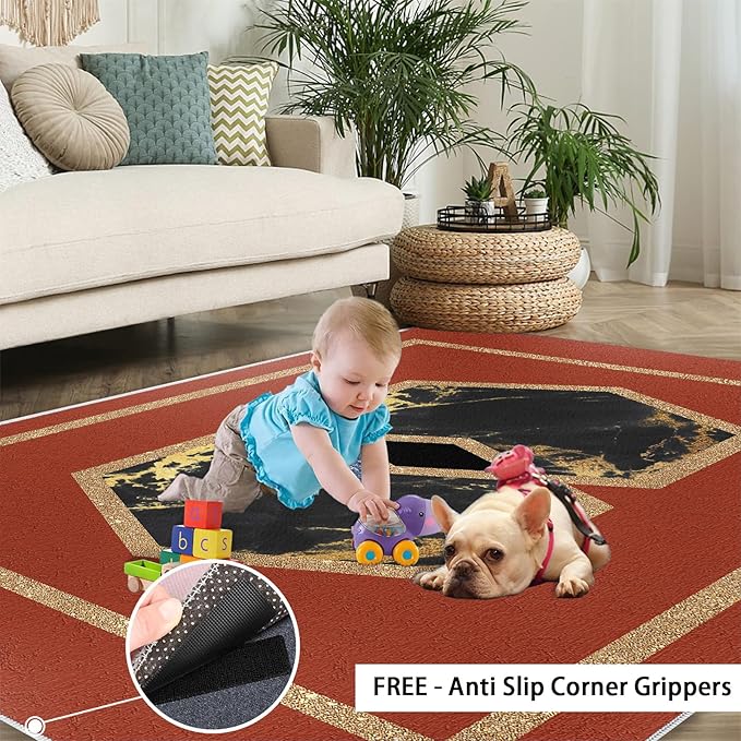 Abstract Marble Area Rugs Golden Hexagon Geometric Rug Vintage Red Marble Carpet European Medieval Geometry Carpet Mat for Bedroom Living Room 2x3ft