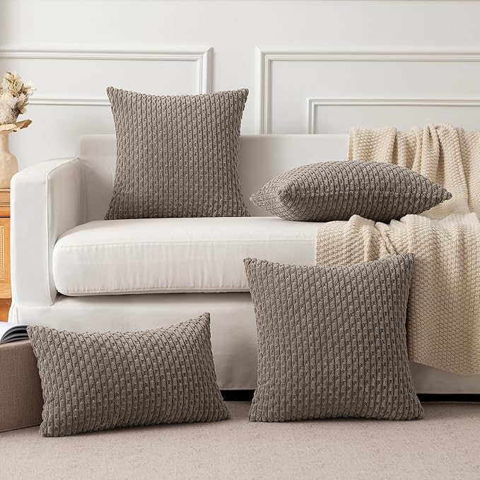 Kevin Textile 2 Packs Light Brown Euro Farmhouse Decorative Throw Pillow Covers 26x26 Inch for Living Room Couch Bed Sofa Rustic Boho Home Decor Soft Striped Corduroy Square Cushion Case 66x66 cm