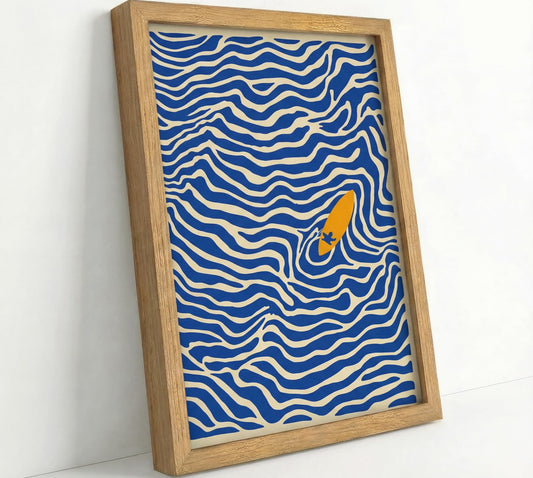 Framed Abstract Ocean Wave Wall Art 8x10 Coastal Wall Decor Picture Modern Minimalist Surfboard Print Beach Theme Picture for Bathroom Bedroom Living Room Ready to Hang Natural Wood Frame