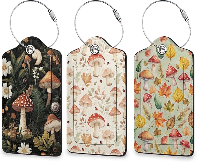Cute Mushroom Luggage Tags for Suitcases, 3 Pack Leather Bag Tag Identifiers with Stainless Steel Loop and Address Card for Men Women