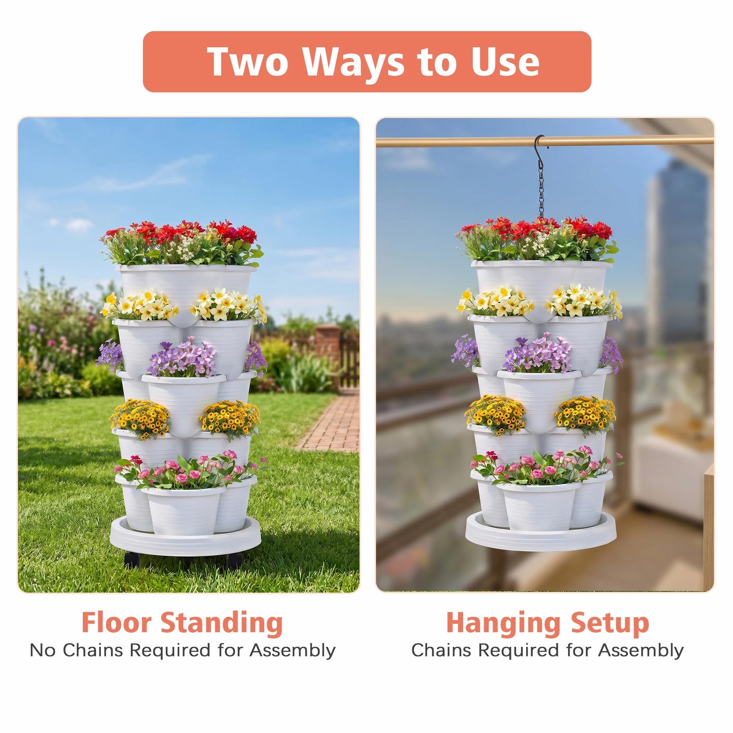 VECELO 5 Tier Vertical Garden Planter, Self Watering Stackable Planters with Wheels for Strawberries, Herbs, Flowers, Vegetables, White