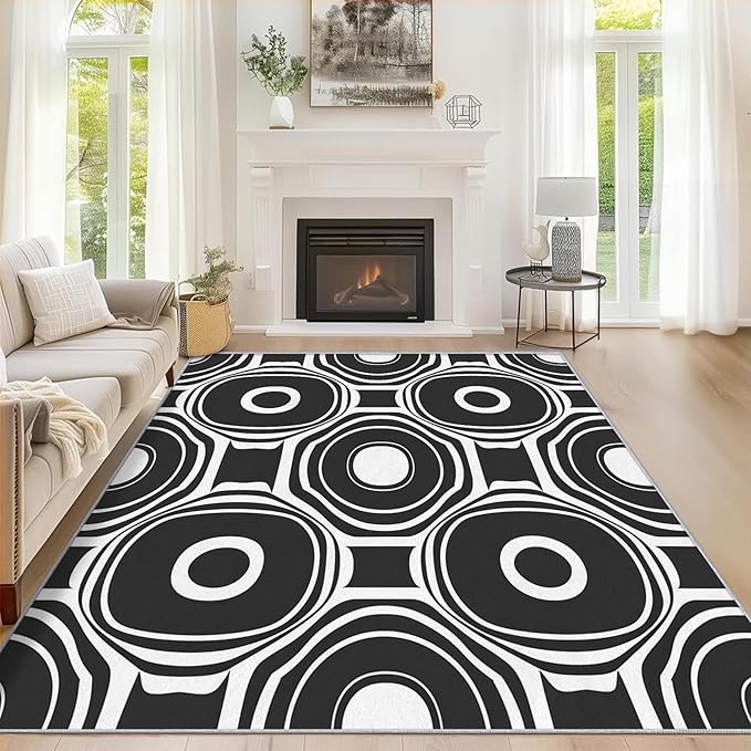 Black and White Geometric Rugs for Home Decor, 8x10 ft, Ring Circle Area Rugs for Living Room, Soft Non Slip Washable Modern Abstract Carpet Bedroom Decorations Dt-Ghf-31