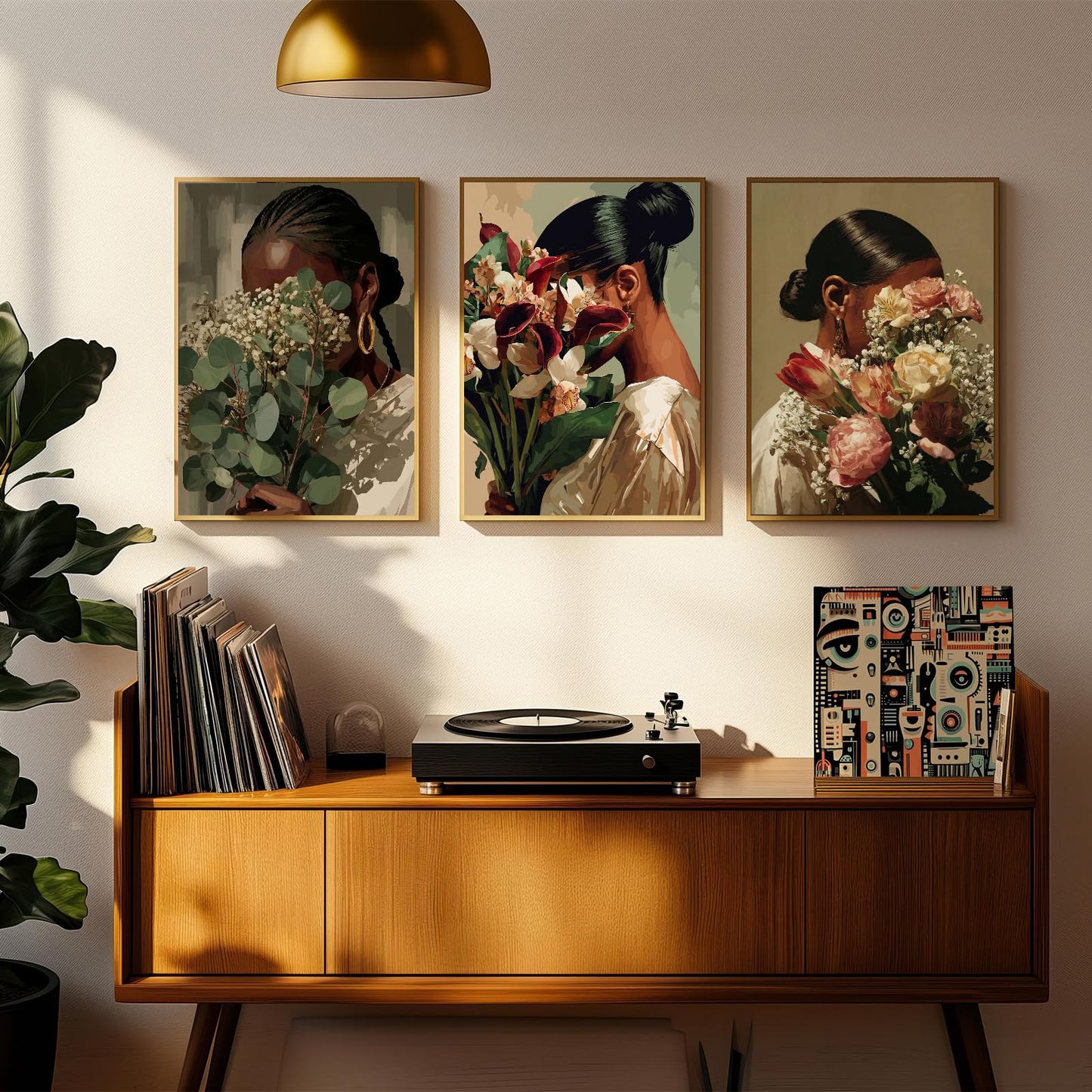 Black Woman Flower Wall Art Set of 3 African American Woman Canvas Wall Decor Black Girl Canvas Posters Trendy Boho Artwork Aesthetics Prints for Home Bedroom Living Room Dorm 12x16 Inch, Unframed