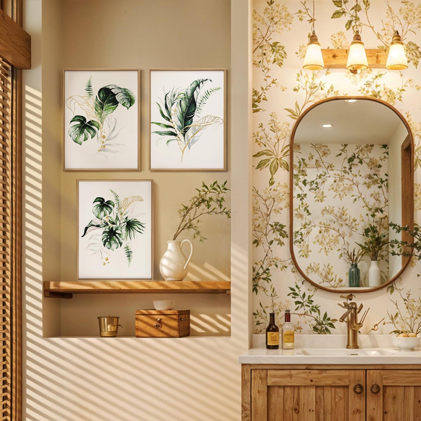 ArtbyHannah Bathroom Framed Wall Art, Botanical Canvas Paintings Wall Decor with Green and Gold Gilded Textured Modern Nature Pictures Plant Prints for Living Room Bedroom (12x16 Inch, Set of 3)