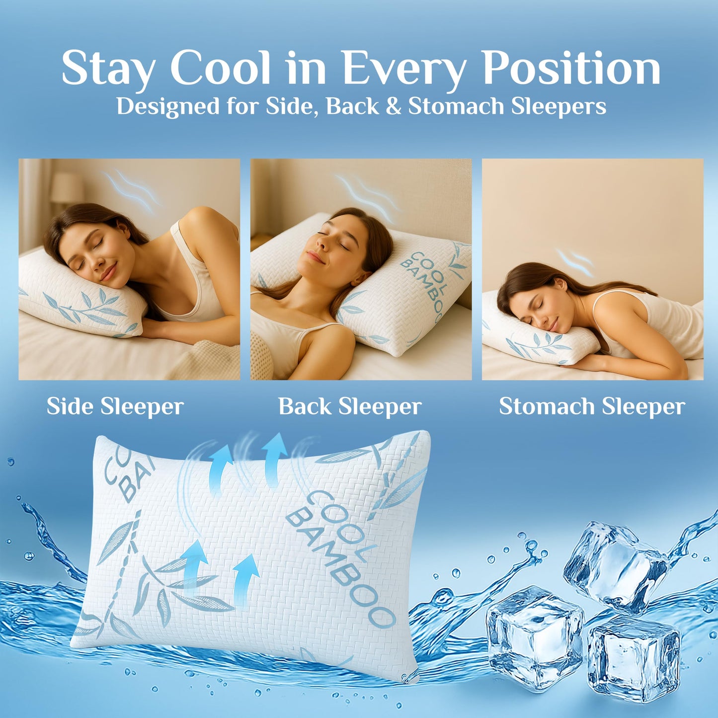 OMEO 2 Pack Bamboo Pillow Queen Size for Sleeping, Hypoallergenic Cooling Shredded Memory Foam Bed Pillows for Side, Back and Stomach Sleepers, Adjustable Loft and Washable Cover 20" x 30"