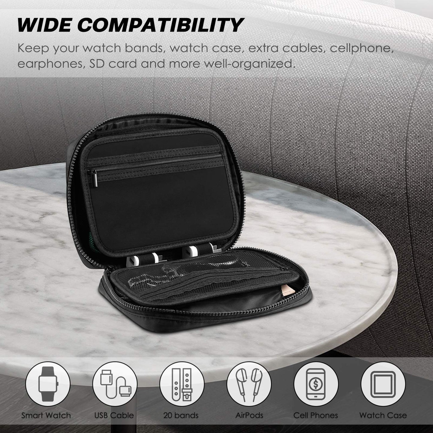 Fintie Watch Band Storage Bag Organizer, Travel Replacement Wrist Straps Carrying Case Pouch for Smartwatch Bands, Pin, Cable, Cases Accessories, Black