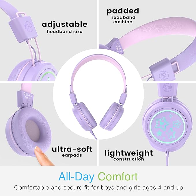 MEE audio KidJamz KJ55 Personalized USB-C Safe Listening Wired Headphones for Kids with Custom LED-Backlit Design, Volume Limiter, & Microphone for iPhone 15, iPad, & USB Type C Devices (Lavender)