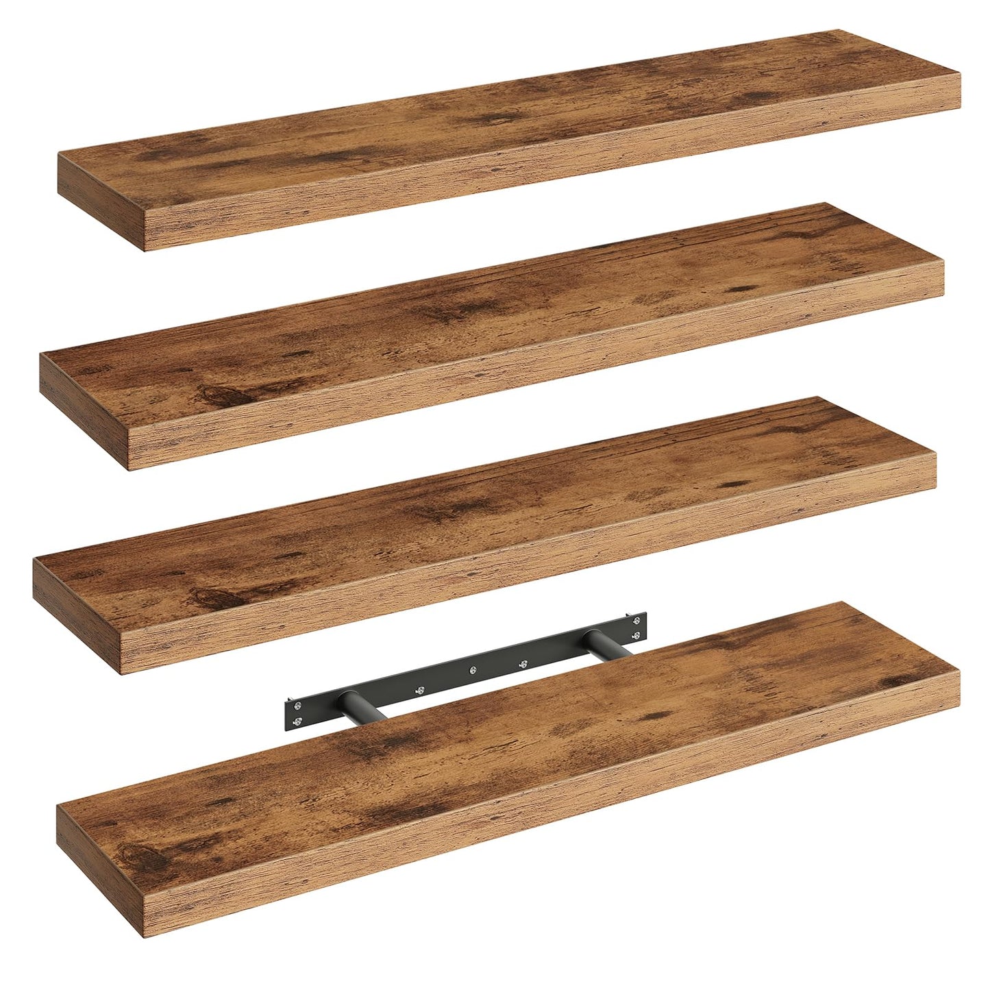 RALGEND Floating Shelves for Wall, 31.5" Long Wall Shelf Set of 4 with Invisible Brackets, 1.5" Thick Hanging Shelves Farmhouse Home Decor for Bathroom, Living Room, Bedroom, Rustic Brown 8301BJP4BF