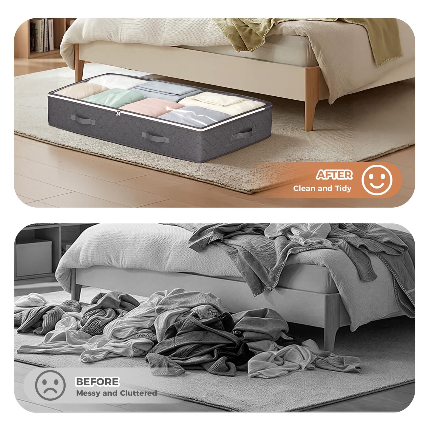 Budding Joy 90L Under Bed Storage Containers, Closet Organizers and Storage Bins, Foldable Underbed Storage Bags for Linen Sheets, Blanket, Clothing, Comforter, Sweaters, Pillows, Wrapping Paper, Grey
