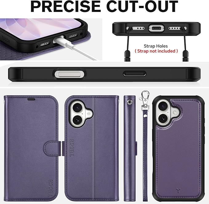 TUCCH 2-in-1 Removable Wallet Case for iPhone 17 (6.3-inch) 2025, Wireless Charging | RFID Blocking 4 Card Holders | Wrist Strap | Kickstand | Magnetic | PU Leather Protective Cover | Deep Purple