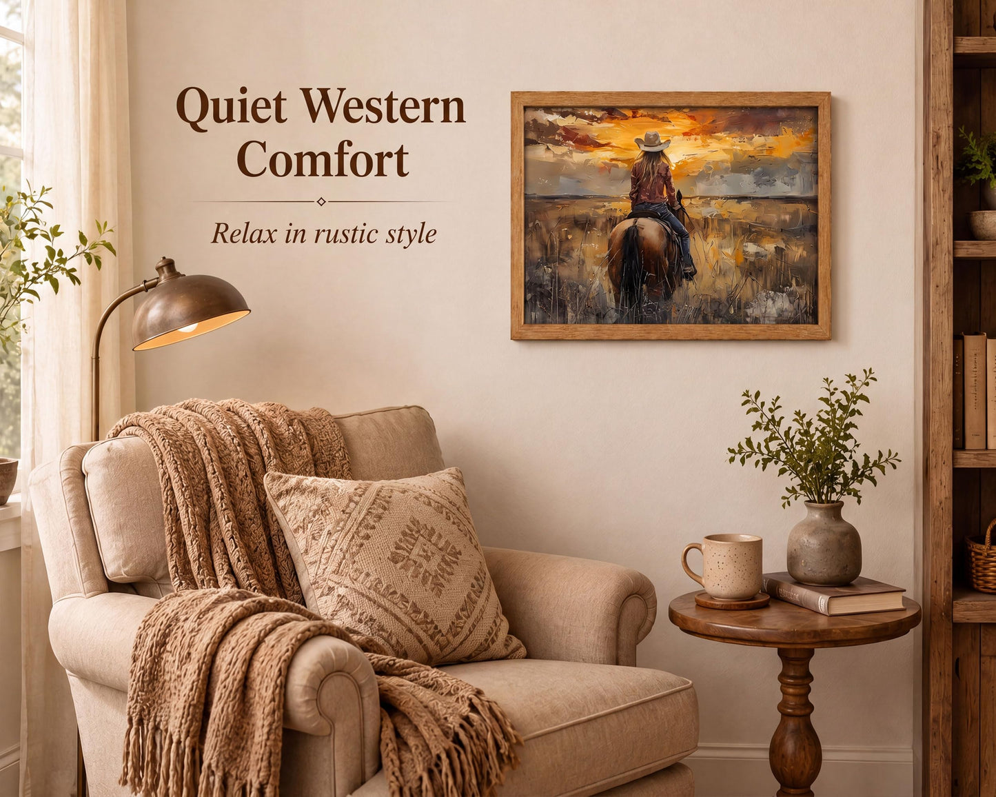 Brown Solid Wood Frame Cowgirl Riding Horse Canvas Wall Art 8x10in