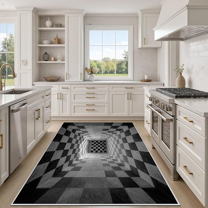 3D Rug 5x6, Plaid Soft Ultra Soft Faux Wool Low Pile Optical Illusion Rug, Indoor Floor Mats Abstract Geometric Carpet, Non-Slip Stain Resistant Washable Rugs, Modern Gray Rugs for Living Room
