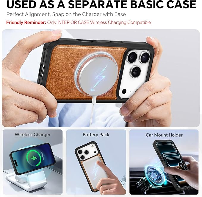 TUCCH Detachable Case Wallet for iPhone 17 Pro (6.3") 2025, Wrist Strap | 4 Card Slots RFID Blocking | Wireless Charging | Stand | 2-in-1 Magnetic | PU Leather | Shockproof Folio Cover | Light Brown