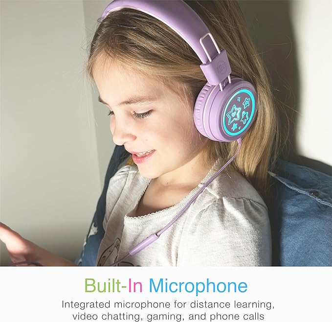 MEE audio KidJamz KJ55 Personalized USB-C Safe Listening Wired Headphones for Kids with Custom LED-Backlit Design, Volume Limiter, & Microphone for iPhone 15, iPad, & USB Type C Devices (Lavender)