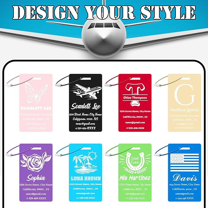 4 Pack Personalized Luggage Tags for Suitcases, Custom Aluminum Luggage Tags for Bags and Backpacks, Waterproof & Heavy Duty Personalized Metal Name Tags for Travel (Lake Blue)