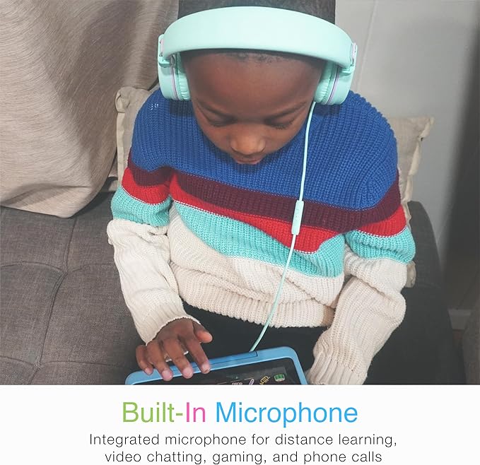MEE audio KidJamz KJ55 Safe Listening USB-C Headphones for Children with Multicolor LED Lights, Volume Limiter, & Microphone; On-Ear Wired Kids Headset for iPhone 16, iPad, & USB Type C Devices (Mint)