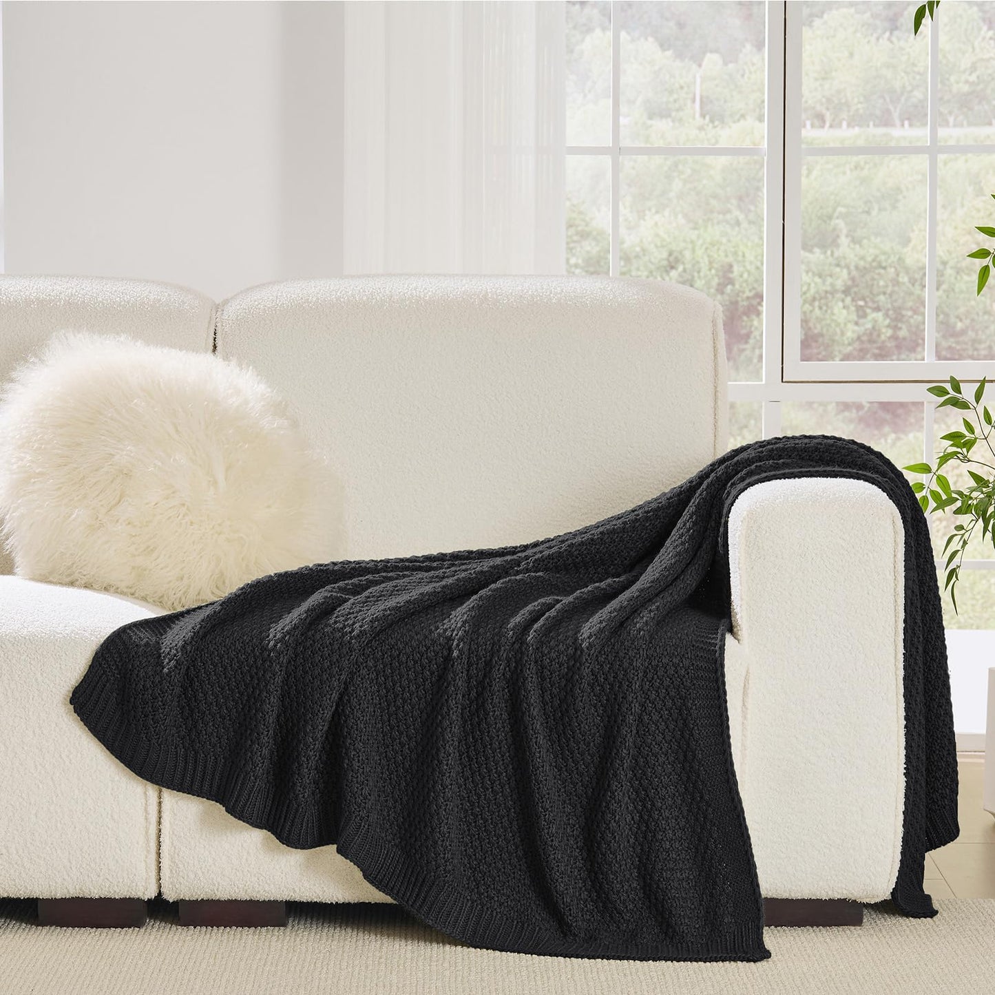 OnesCosy Charcoal Grey Throw Blanket, Dark Grey Knit Throw Blanket for Couch, Soft Cozy Warm Lightweight Decorative Reversible Moss Stitch Cable Knitted Blankets for Bed, 60x80 Inches, Charcoal Grey