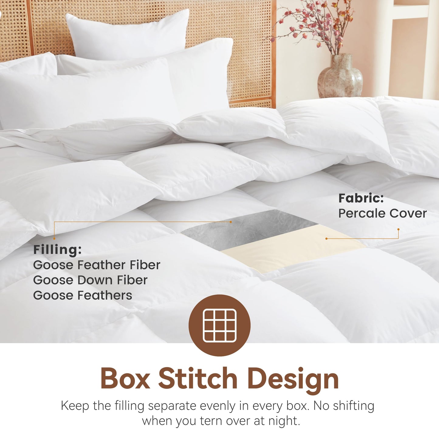 LeWinBedding Goose Feather Down Fiber Comforter Queen Size, All Season Duvet Insert, 750+FP Hotel Bed Comforter, Ultra Soft 100% Organic Cotton Fabric, 90x90 Inches