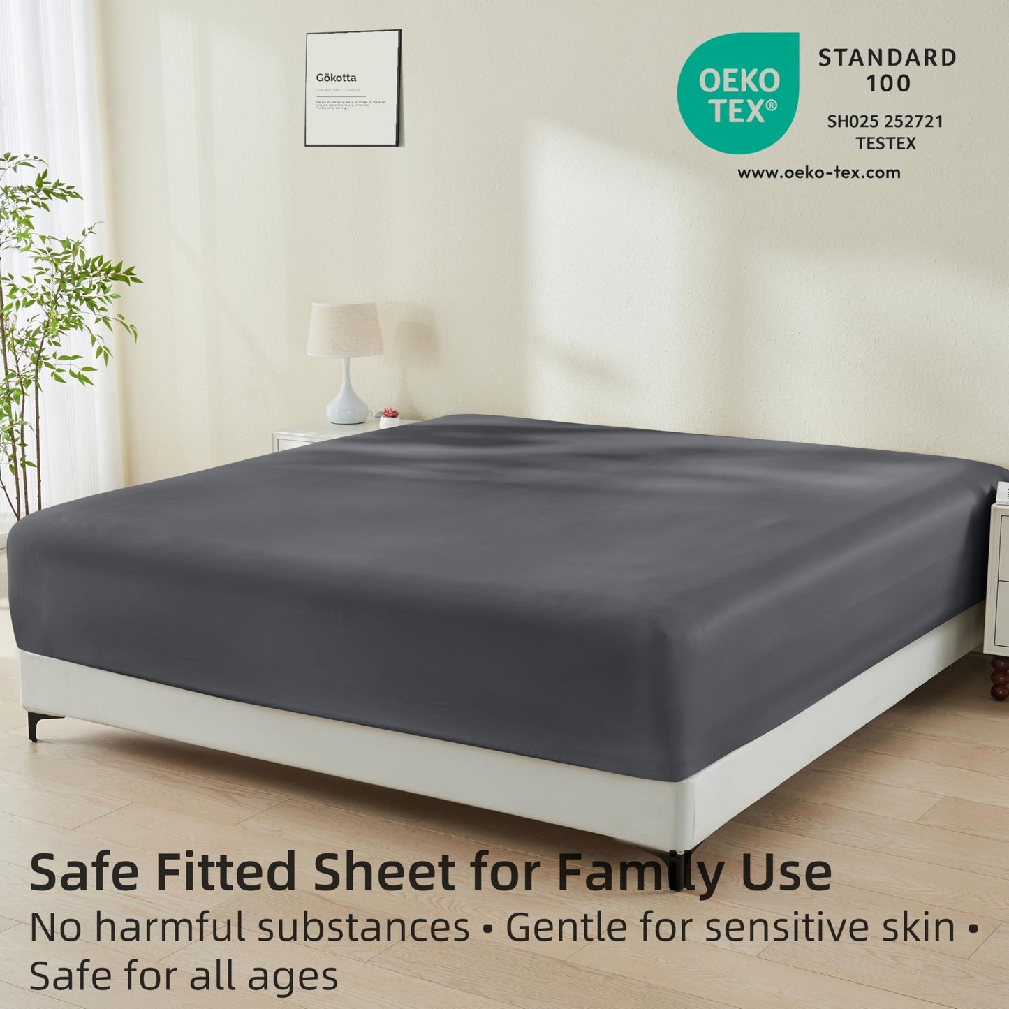 GOKOTTA Fitted Sheet King Only,100% Rayon Derived from Bamboo Fitted Sheet,Ultra Soft,Cooling and Breathable Bottom Sheet with 4 Elastic Corner Straps,No Slip,No Pilling,16" Deep Pocket-Dark Grey