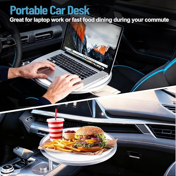 Car Tray Table & Car Desk for Laptop with 2 Risers and Anti-slip Pad, 360° Rotating Cup Holder for Working and Eating Compatible with Tesla Model 3/Y/S/Ensure The Cup Holder is Round/White