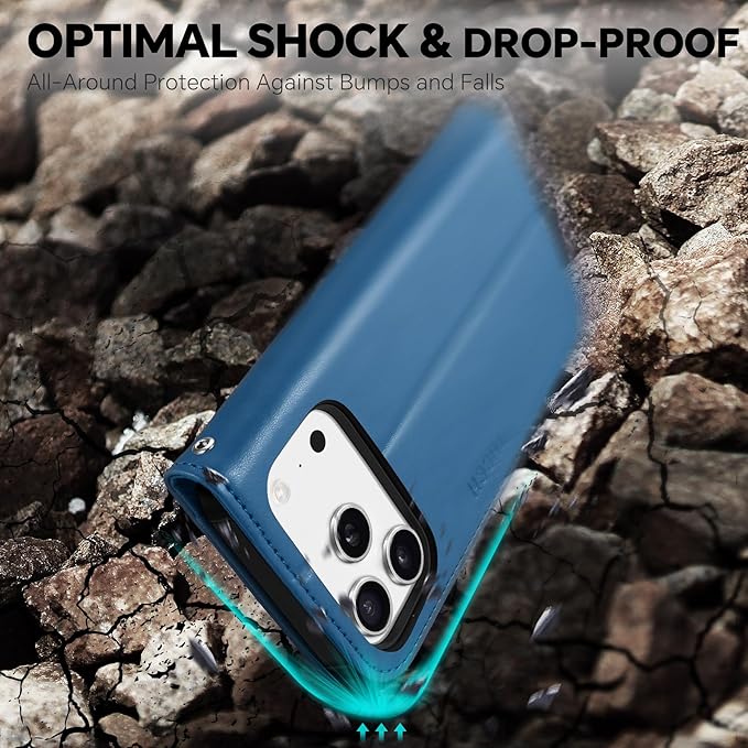 TUCCH Detachable Case Wallet for iPhone 17 Pro (6.3") 2025, Wrist Strap | 4 Card Slots RFID Blocking | Wireless Charging | Stand | 2-in-1 Magnetic | PU Leather | Shockproof Folio Cover | Light Blue