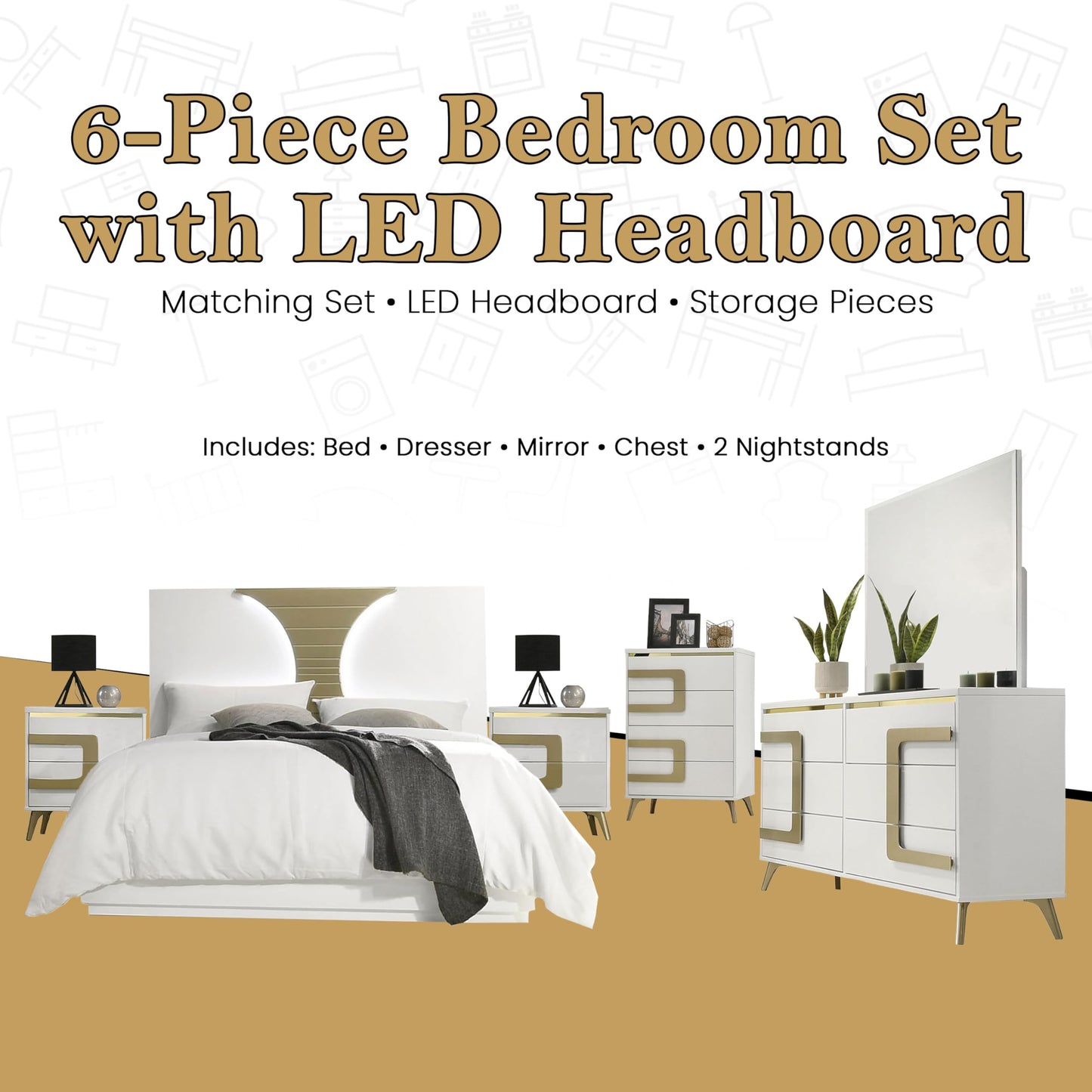 Kings Brand Furniture Claire 6-Piece Queen Size Bedroom Set - Bed with LED Headboard, Dresser, Mirror, Chest and 2 Nightstands, White/Gold