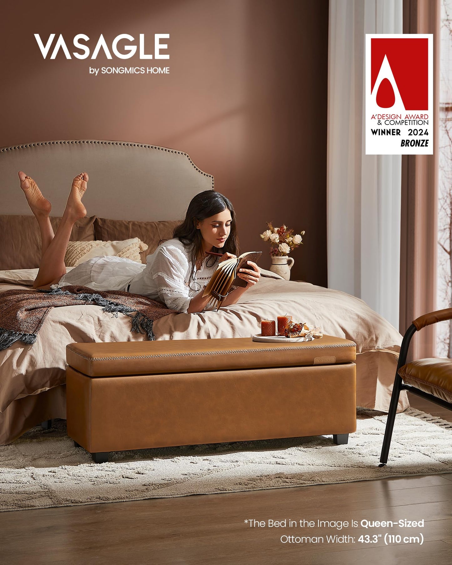 VASAGLE EKHO Collection - Storage Ottoman Bench, Entryway Bedroom Bench, 25 Gallons, Synthetic Leather with Stitching, Mid-Century Modern, Safety Hinges, Loads 660 lb, Caramel Brown ULOM075K01