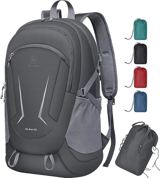 MIYCOO Backpack - Ultra Lightweight Packable Backpack for Travel Camping, 45L Hiking Back Pack Waterproof Foldable Daypack for Men Women Grey