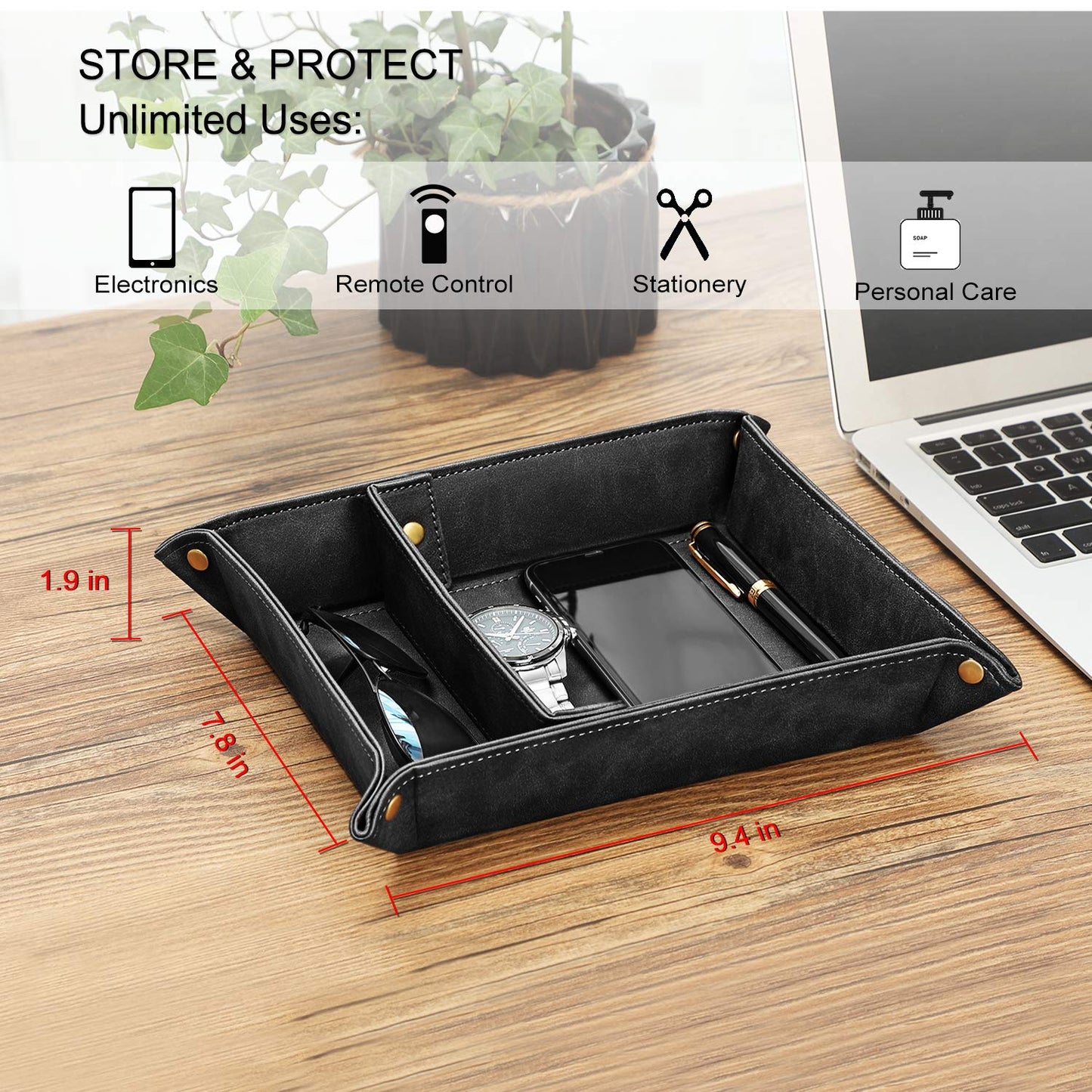 SITHON Valet Tray Desktop Storage Organizer, Removable 2 Compartments Catchall Tray Bedside Vanity Nightstand Caddy Holder Desk Storage Plate, Graduation, Black