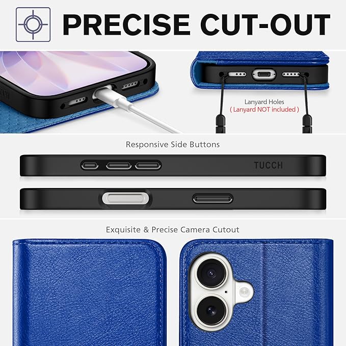 TUCCH Wallet Case for iPhone 17 (6.3") 2025, 3 Credit Card Holders, RFID Blocking, Stand, PU Leather, Shockproof TPU Interior Shell, Protective Flip Folio Cover, Klein Blue