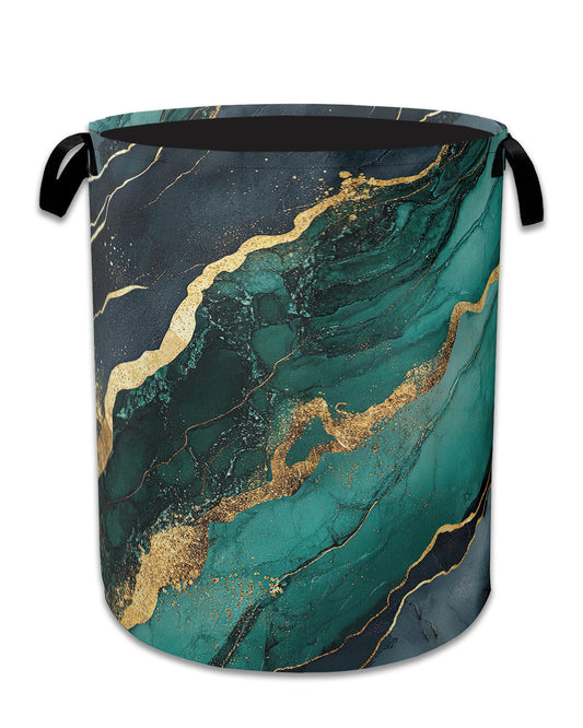 Marble Laundry Basket,Foldable Oxford Cloth Green Gold Flowing Marble Laundry Hamper With Handle, 20.8"x16" Portable Clothes Storage Basket Bag for Laundry Room/Bathroom/Bedroom/Dormitories
