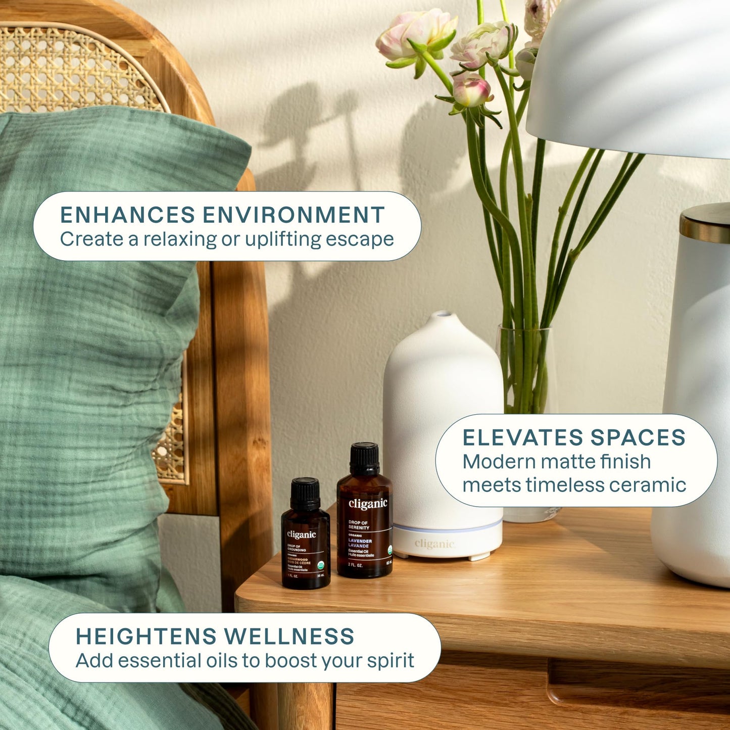 Cliganic Ceramic Diffuser (Sage), 100ml Ultrasonic for Essential Oils Aromatherapy, Home & Office