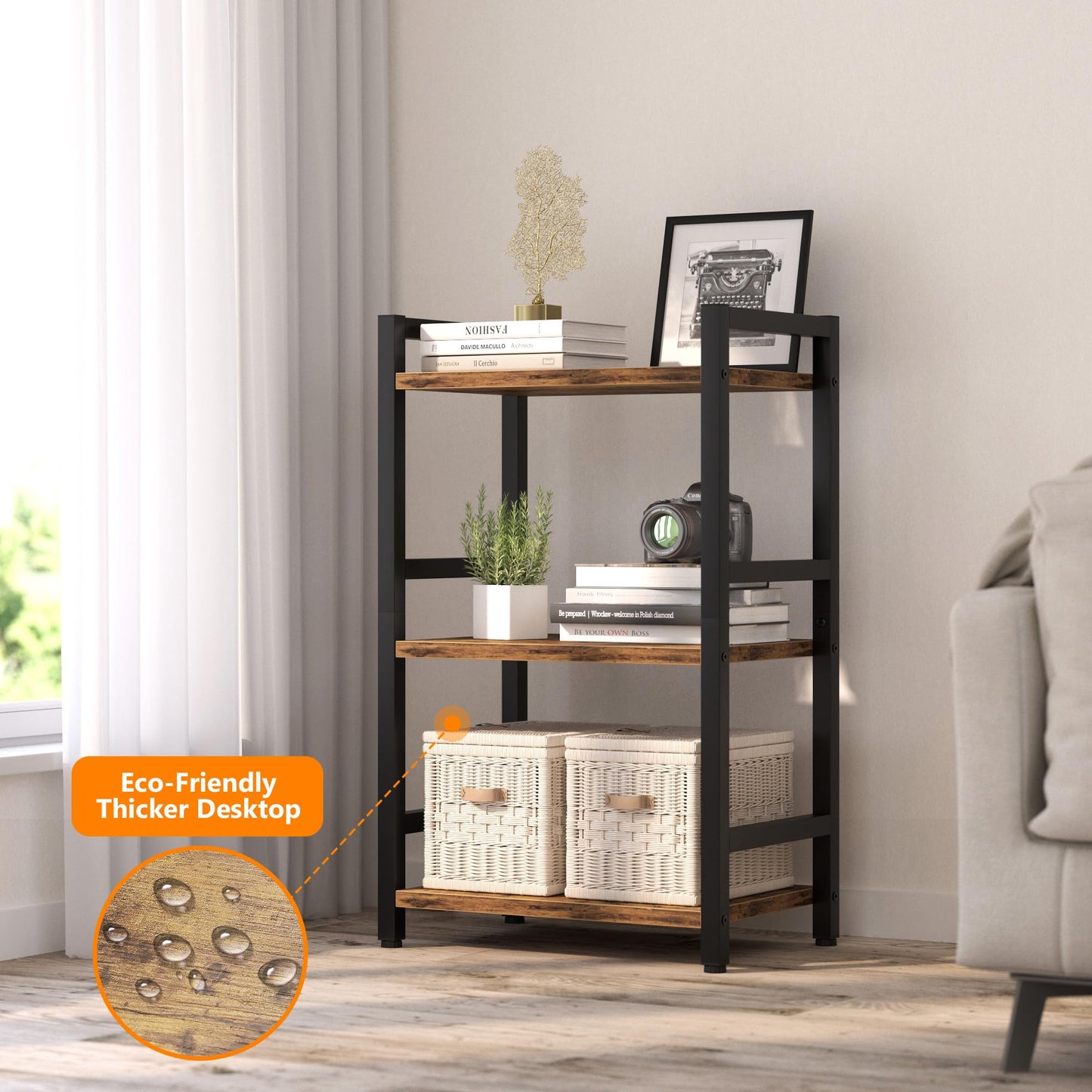 RAGIFEN Book Shelf, 3 Tier Bookcase with Steel Frame, Stable Bookshelf Narrow Book Shelves Storage Organizer for Book CD Movie, Open Book Shelves for Living Room, Home Office, Study, Rustic Brown