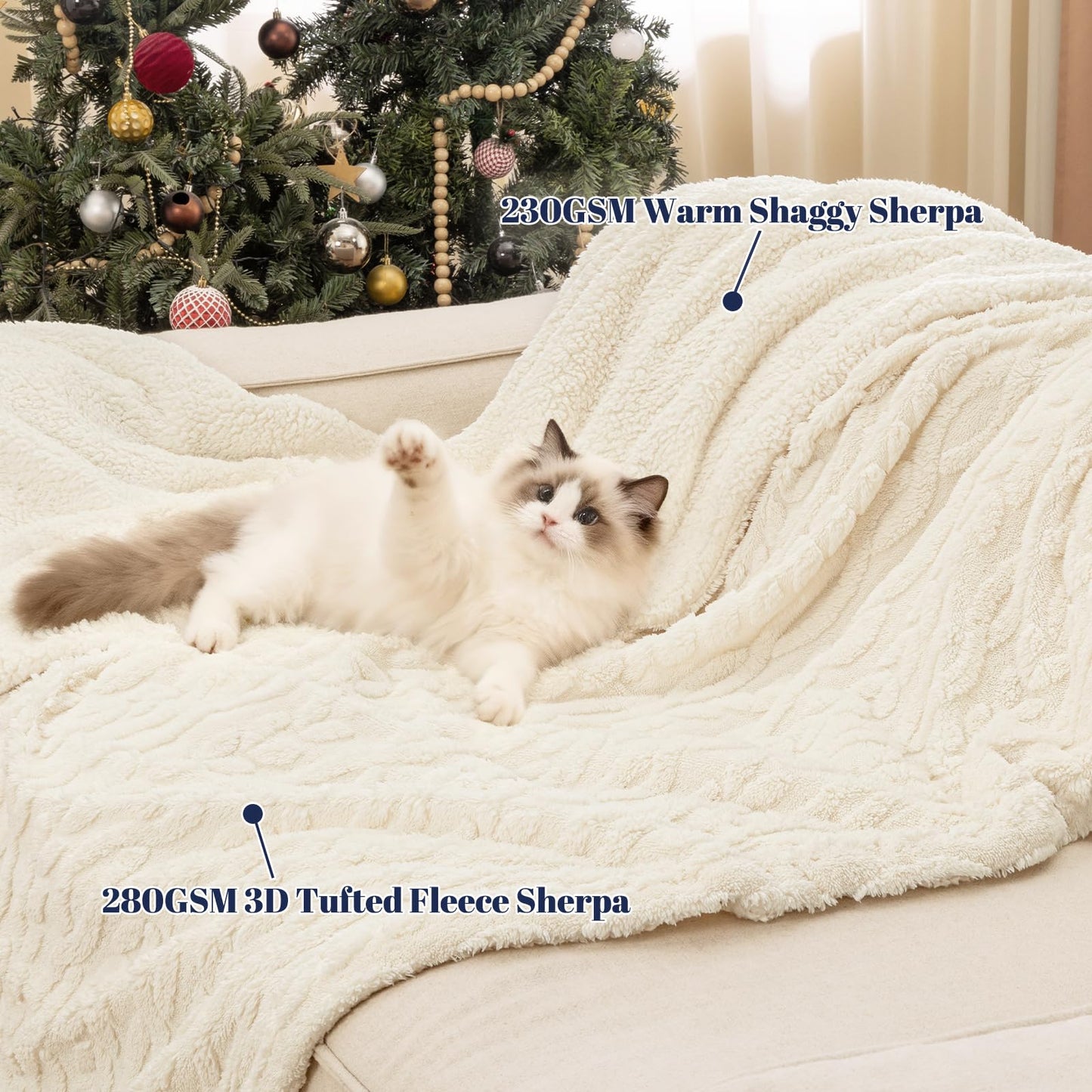 PHF Fluffy Sherpa Blanket Queen Size for Winter, Warm and Soft, 510GSM 3D Jacquard Thick Shaggy Fleece Plush Blanket for Sofa Bed, Cream, 90"x90"