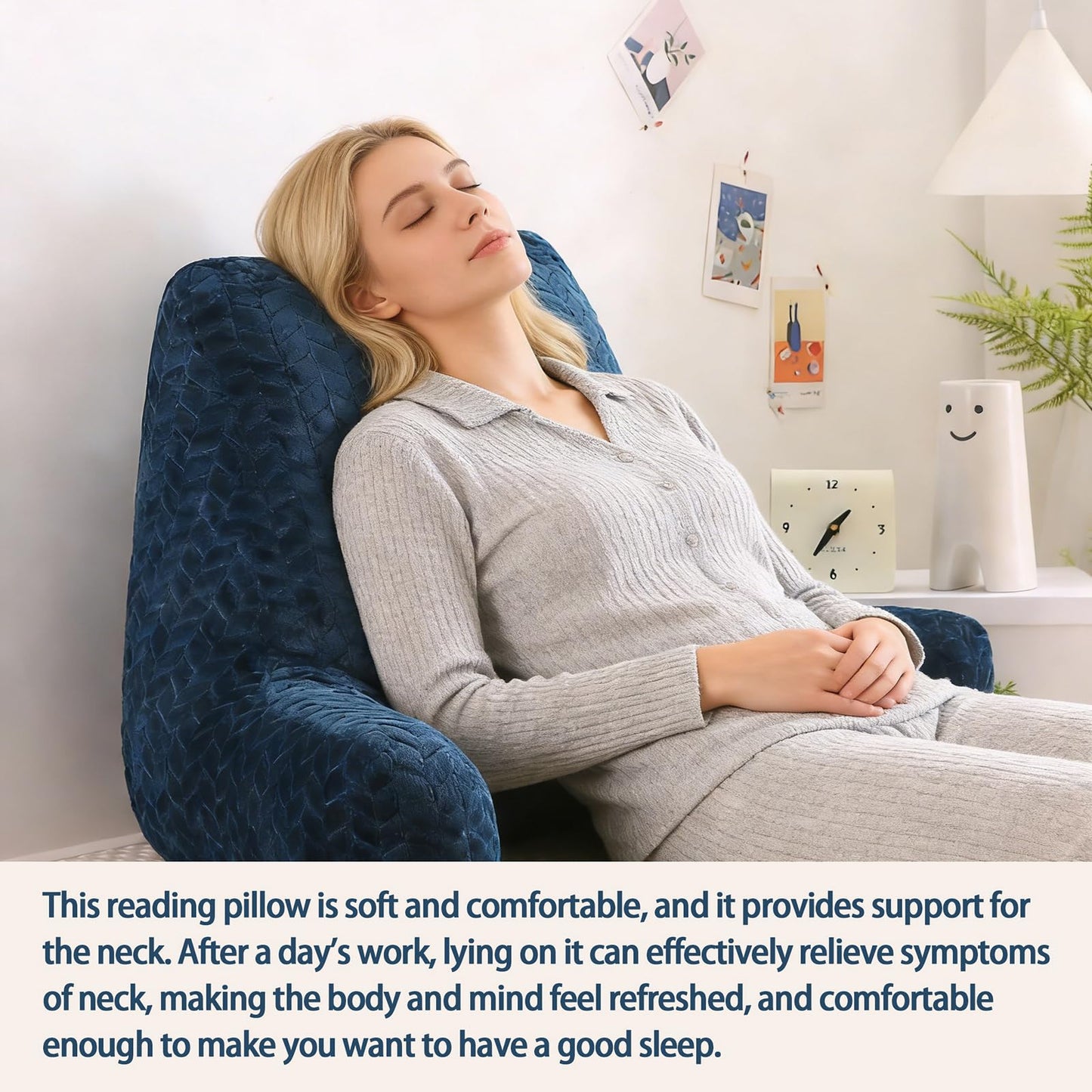 Omcosmos Blue Bed Reading Pillow for Adults, Memory Foam Backrest Pillow with Armrests for Sitting Up in Bed,Support for Back & Arms,Removable Washable Pillowcase for Sofa Seats