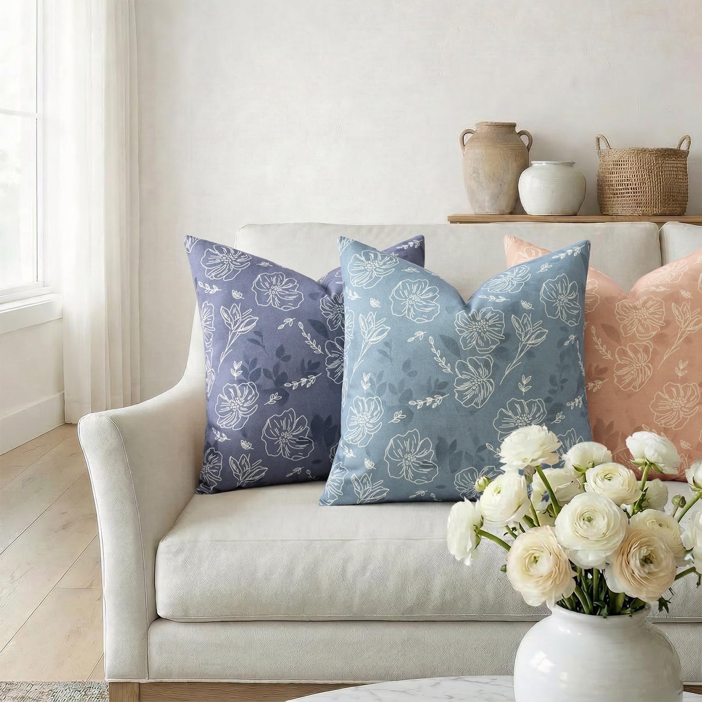 decorUhome Floral Botanical Pillow Covers 20x20 Set of 2, Faux Linen Decorative Throw Pillow Covers with White Line Flower Print for Couch Sofa Bed, Blue