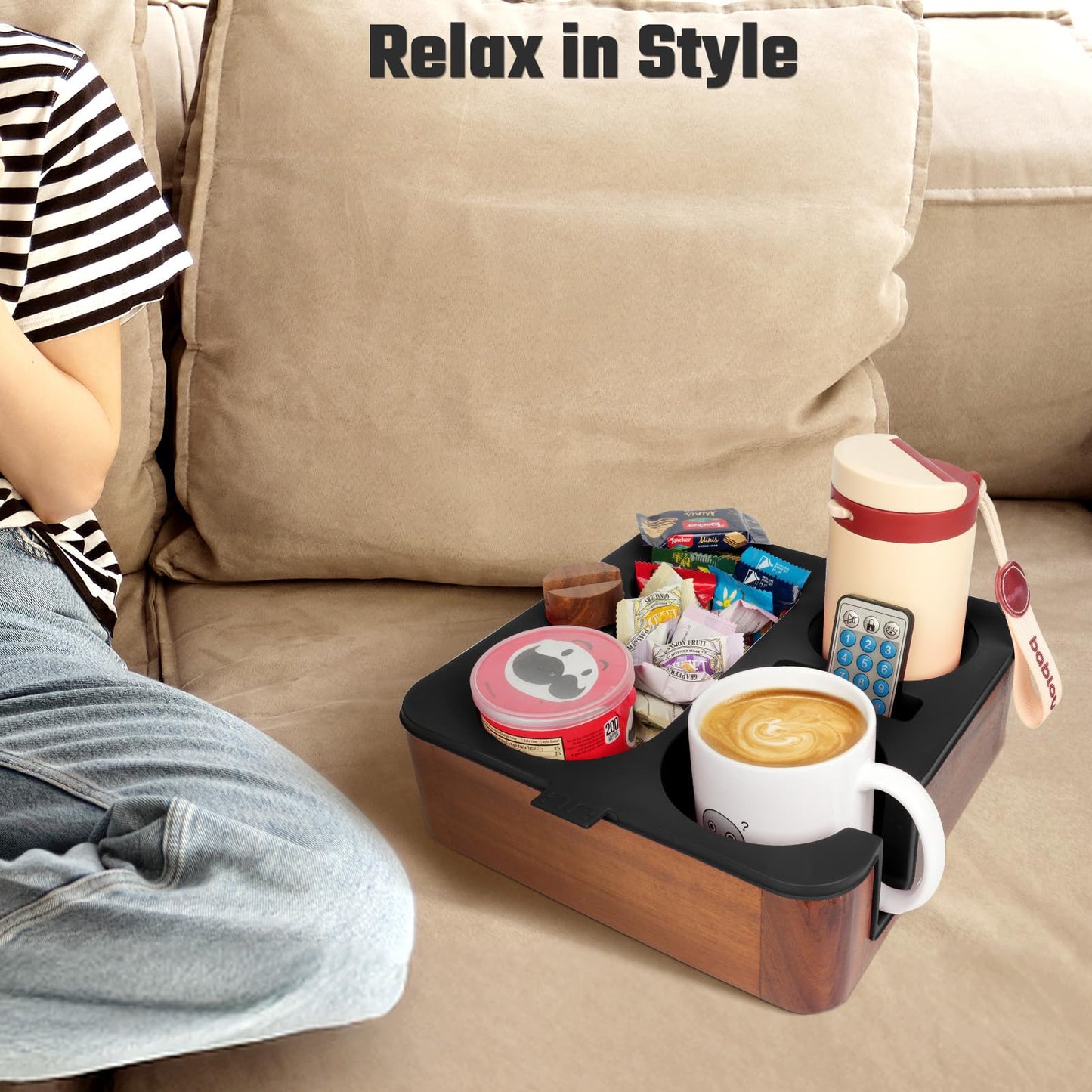 Couch Buddy Couch Cup Holder Tray, Real Acacia Wooden Caddy with Soft Silicone, Snack and Drink Organizer- Perfect Movie Night Accessories for Bed, Remote and Cup Holders for Sofa (Black)