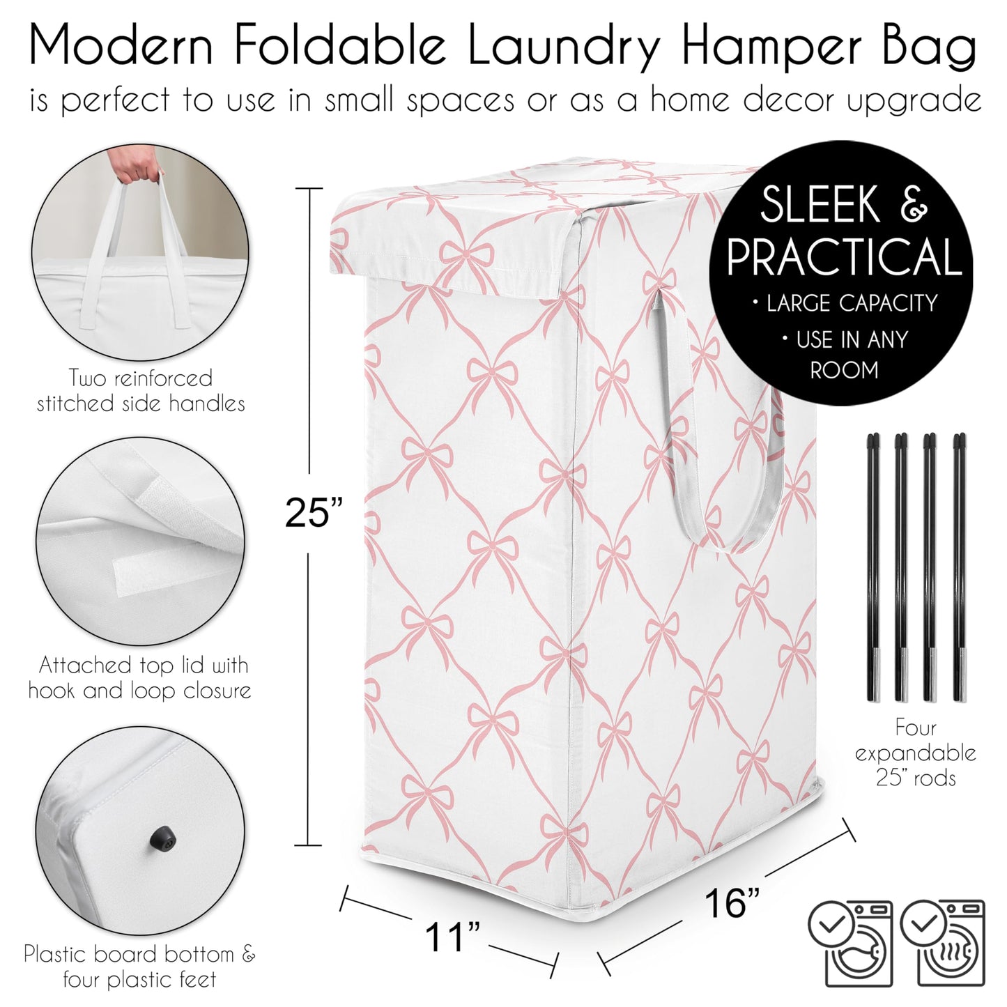Sweet Jojo Designs Laundry Hamper (Pink Bows) for Girls, Foldable Dirty Clothes Basket with Handles for Baby Nursery, Kids Bedroom, Teen Bathroom (Elegant Bow for Ballerina Dancer, Ballet Collection)