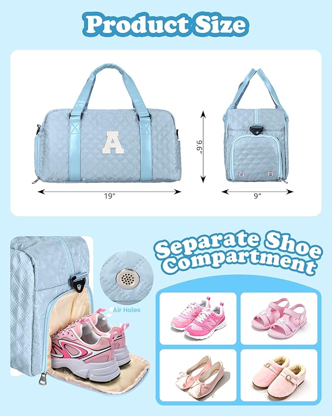 Elilier Initial Gym Bag for Girls, Kids Travel Duffel Bag, Graduation Gifts for Her, Personalized Weekender Bag with Shoes Compartment, Gifts for Mom, Girls Gifts for Kids